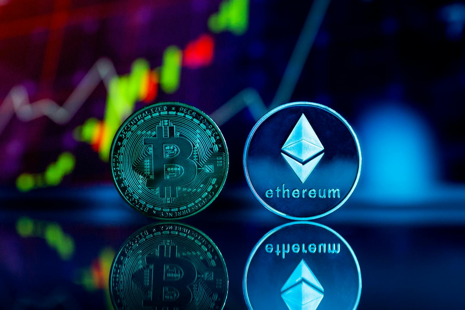 Close-up of Bitcoin and Ethereum coins with a financial chart background, reflecting digital currency trends.