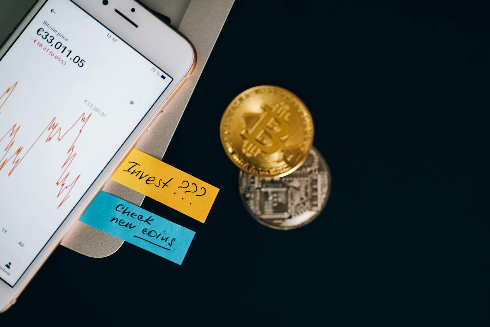 Bitcoin coins and smartphone displaying price chart with investment notes.