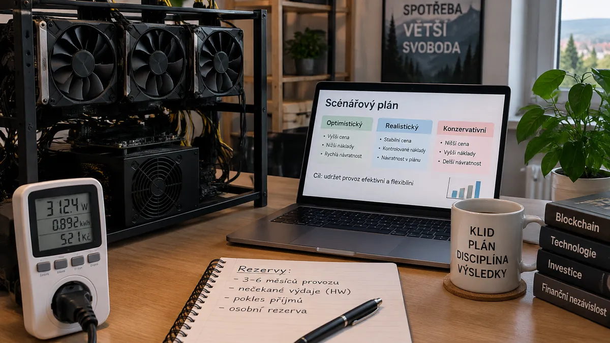 Domácí mining rig vedle notebooku se scénářovým plánem nákladů a rezerv